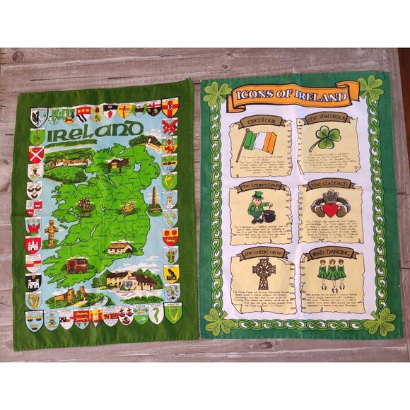 Irish Heritage Tea Towels Set Of 2 With Map with Coat of Arms  & Icons Design - Picture 1 of 7